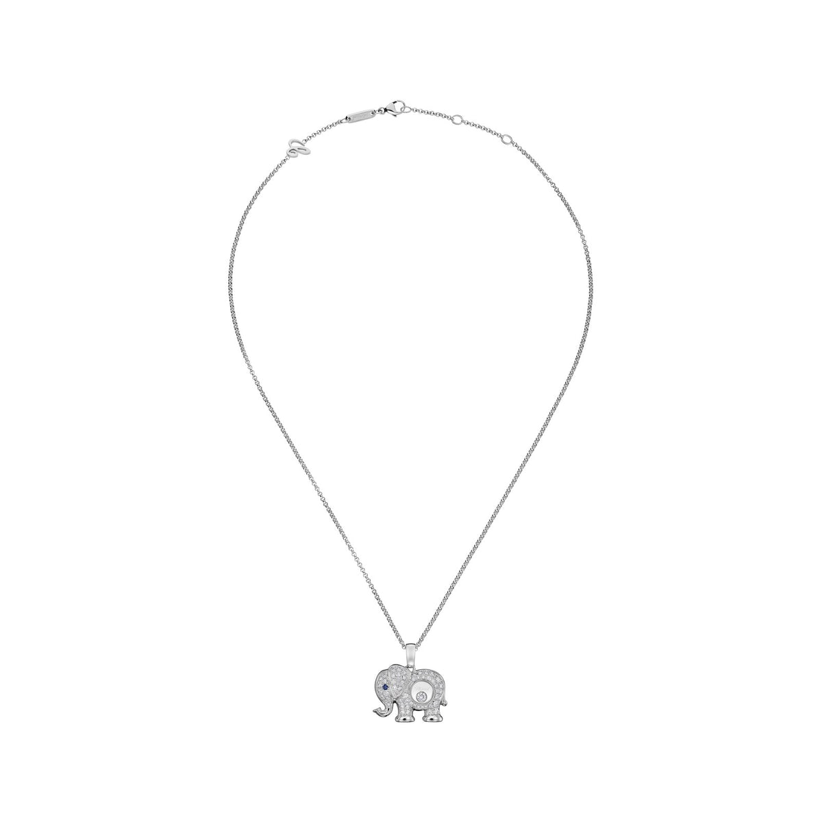Chopard Happy Diamonds pendant in 18k ethical white gold with moving diamonds and sapphires, view 3