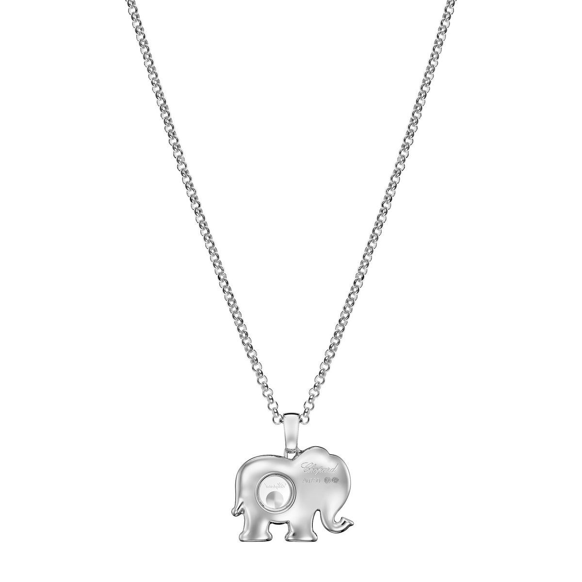 Chopard Happy Diamonds pendant in 18k ethical white gold with moving diamonds and sapphires, view 4