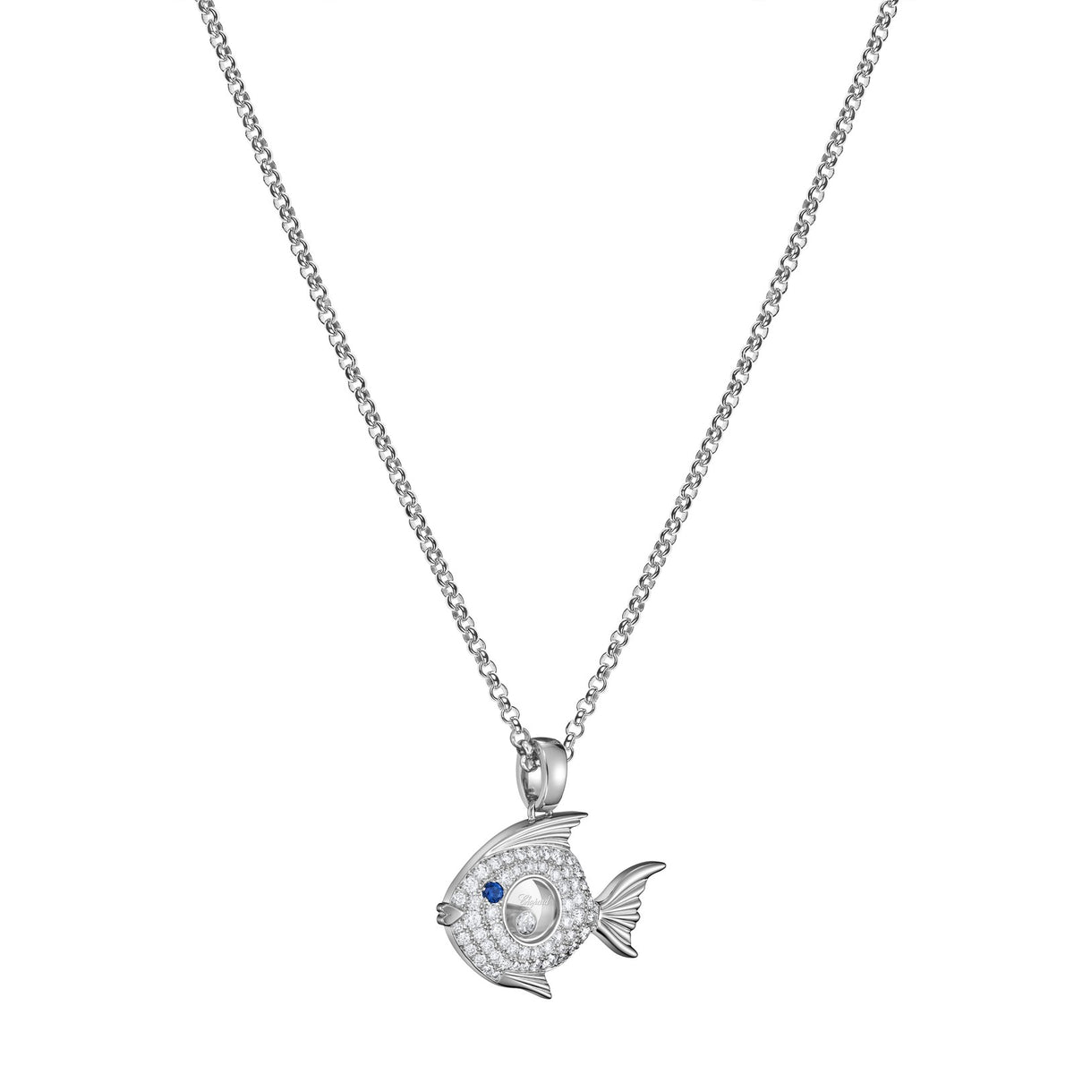Chopard Happy Diamonds pendant in 18k ethical white gold with diamonds and sapphires, view 2