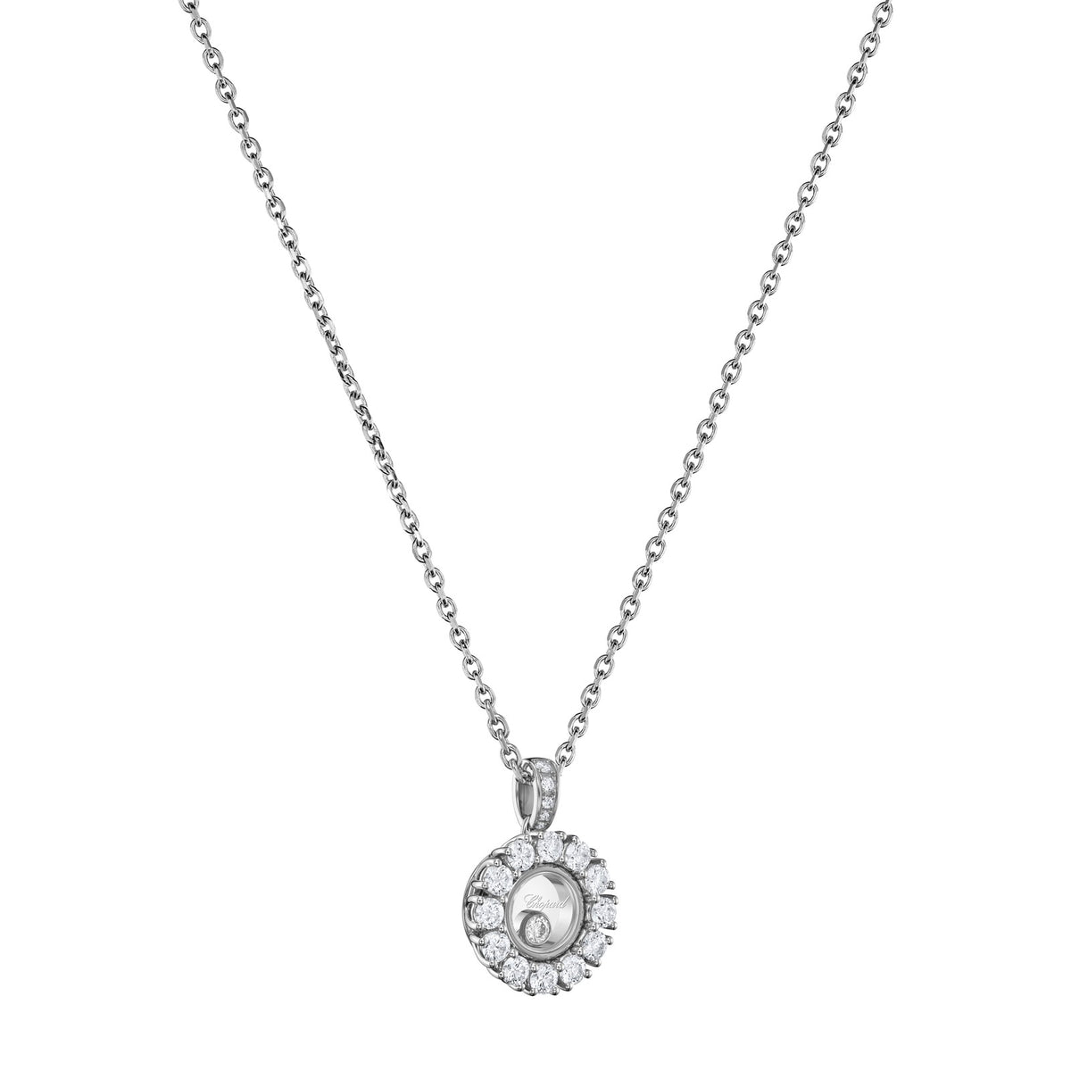 Chopard Happy Diamonds pendant in 18k ethical white gold with moving diamonds, view 2