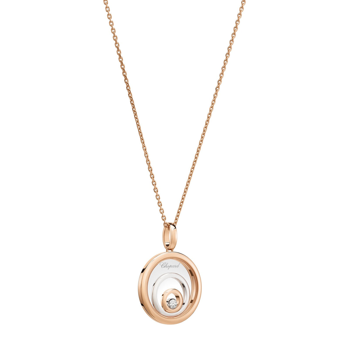 Chopard Happy Diamonds pendant in 18k ethical white and rose gold with moving diamonds view 2