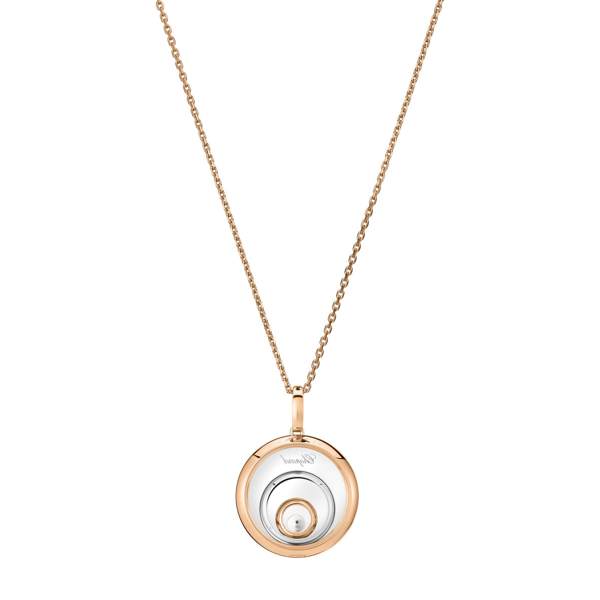 Chopard Happy Diamonds pendant in 18k ethical white and rose gold with moving diamonds view 4