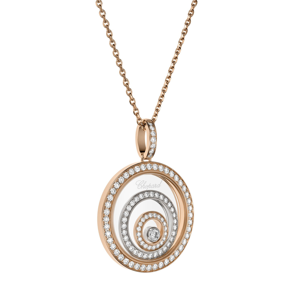 Chopard Happy Diamonds pendant in 18k ethical white and rose gold with moving diamonds view 2