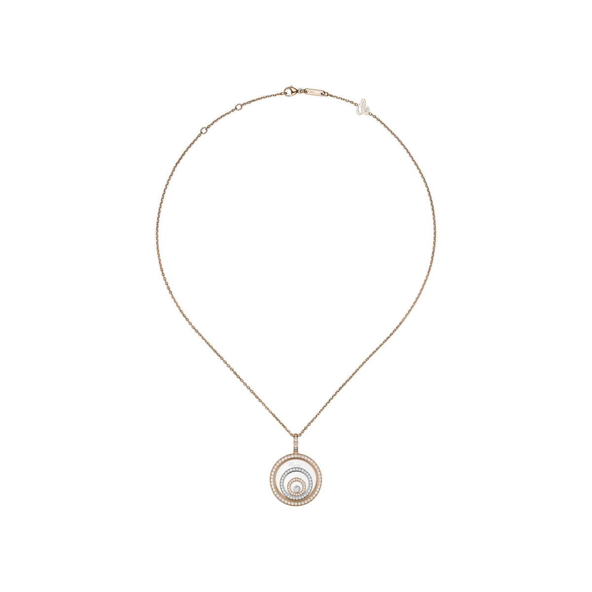 Chopard Happy Diamonds pendant in 18k ethical white and rose gold with moving diamonds view 3