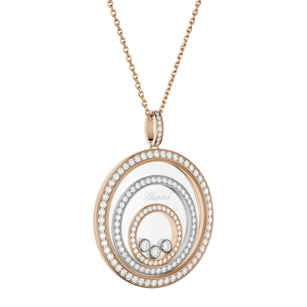 Chopard Happy Diamonds pendant in 18k ethical white and rose gold with moving diamonds view 2