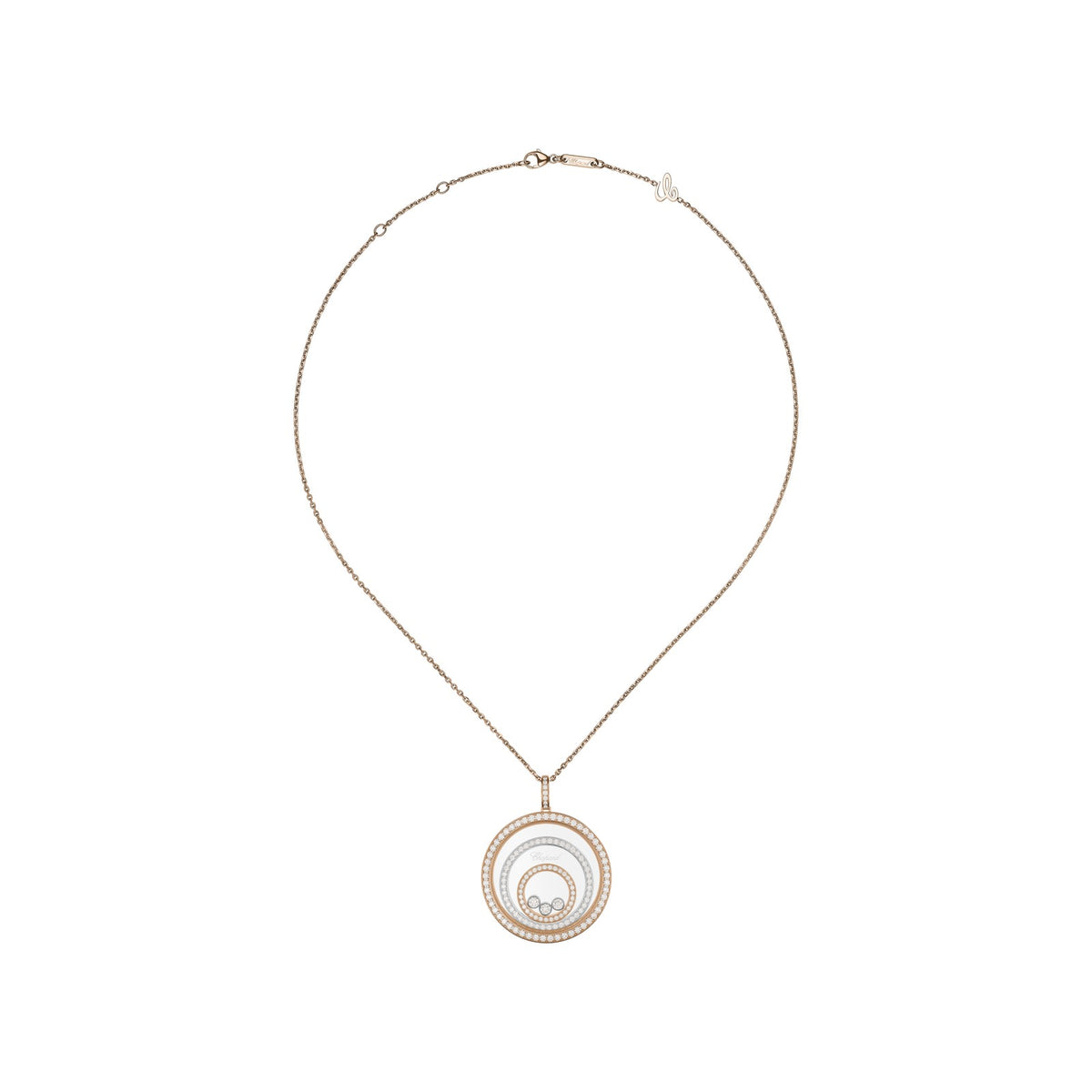 Chopard Happy Diamonds pendant in 18k ethical white and rose gold with moving diamonds view 3