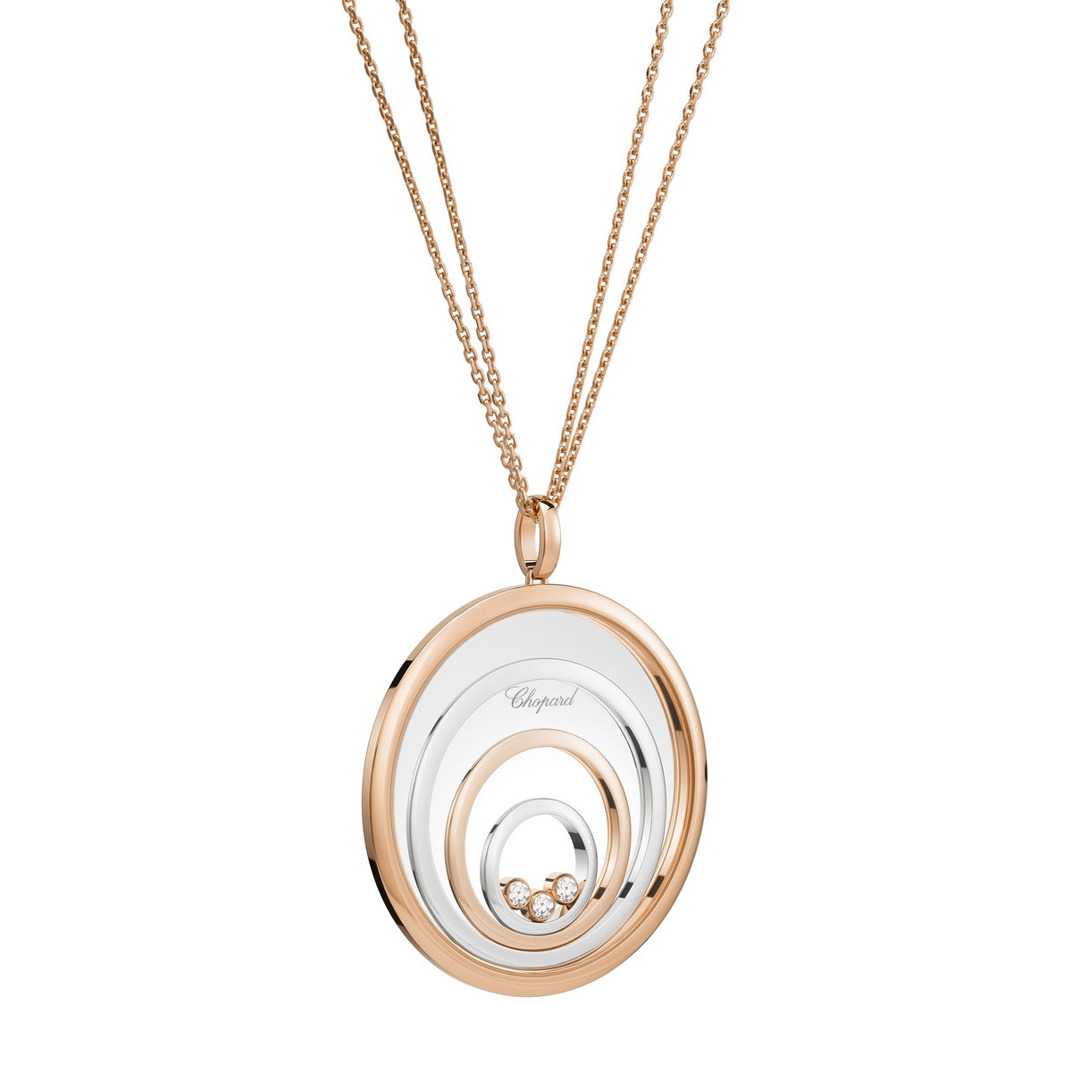 Chopard Happy Diamonds pendant in 18k ethical white and rose gold with moving diamonds view 2
