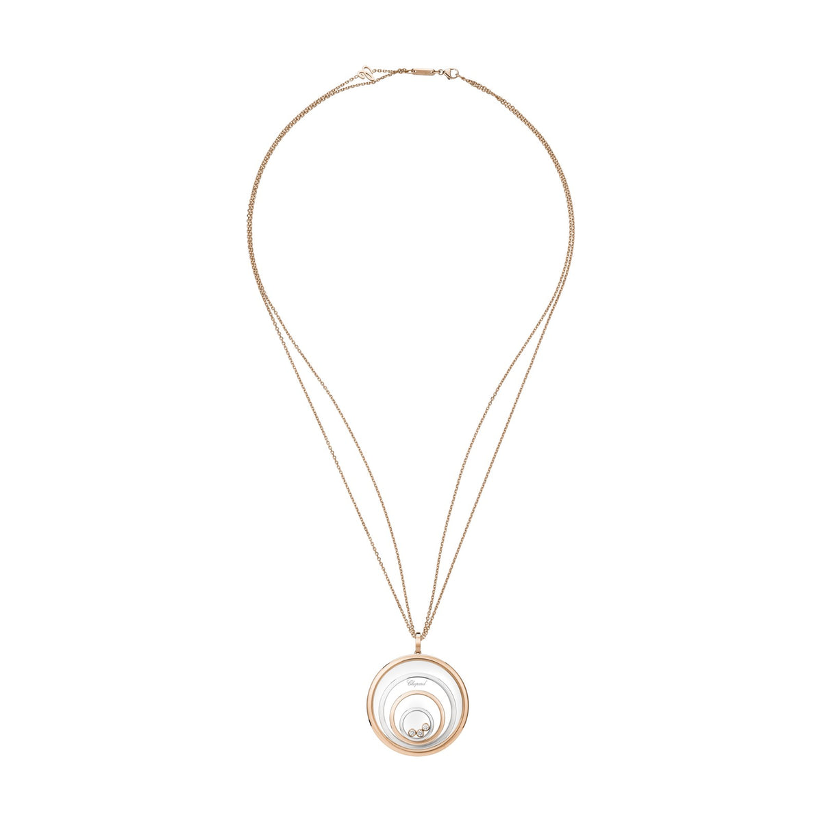 Chopard Happy Diamonds pendant in 18k ethical white and rose gold with moving diamonds view 3