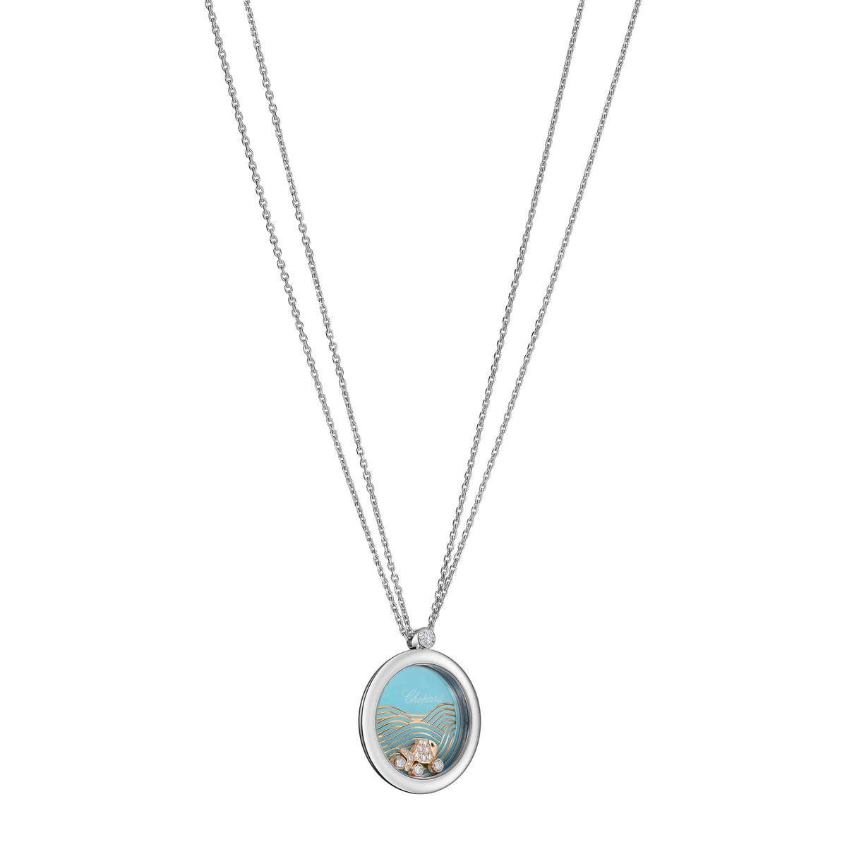 Chopard Happy Diamonds pendant in 18k ethical white and rose gold with moving diamonds, view 2