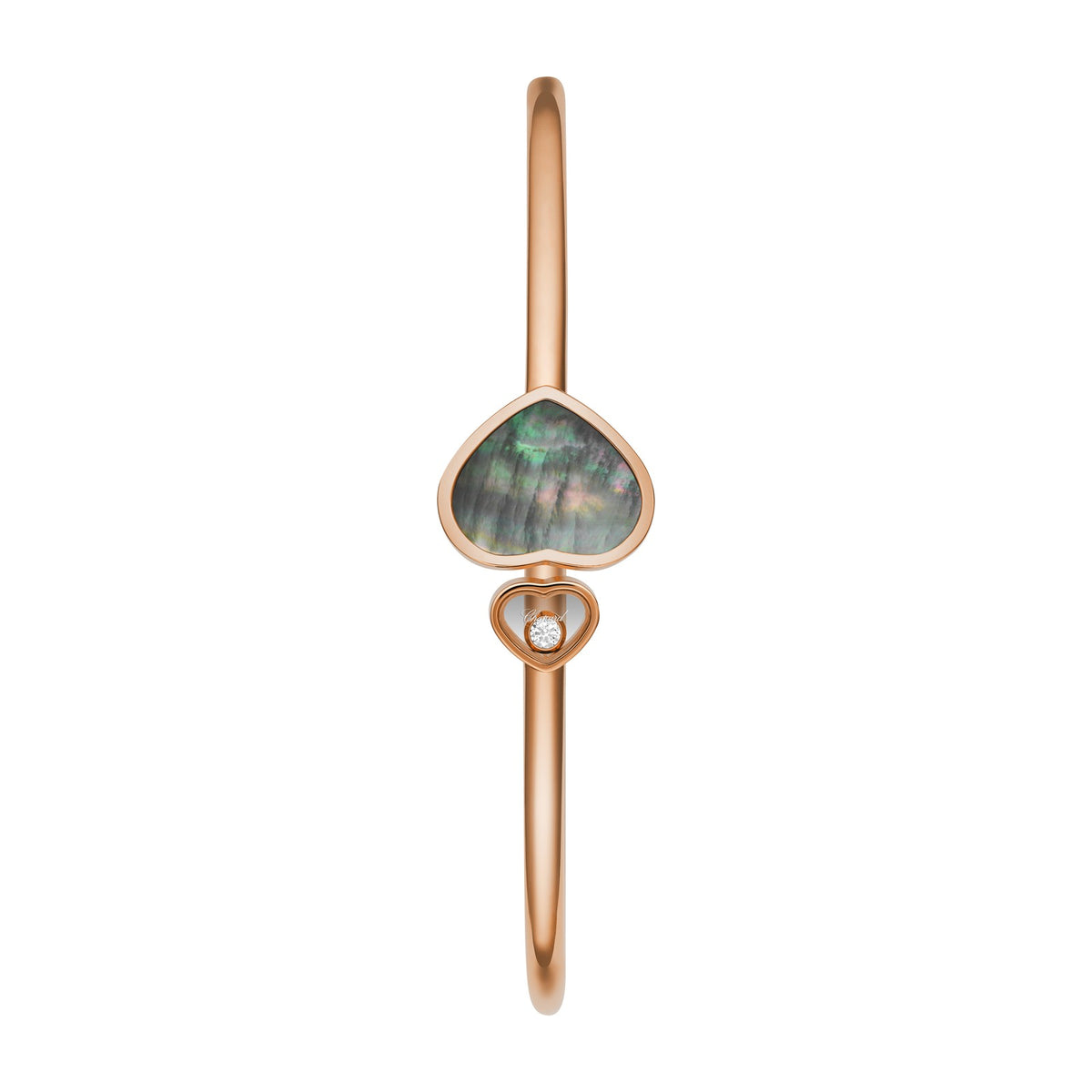 Chopard Happy Hearts bangle in 18k ethical rose gold with diamonds and mother of pearl view 2