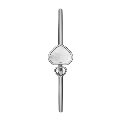 Chopard Happy Hearts bangle in 18k ethical white gold with diamonds and mother of pearl view 2
