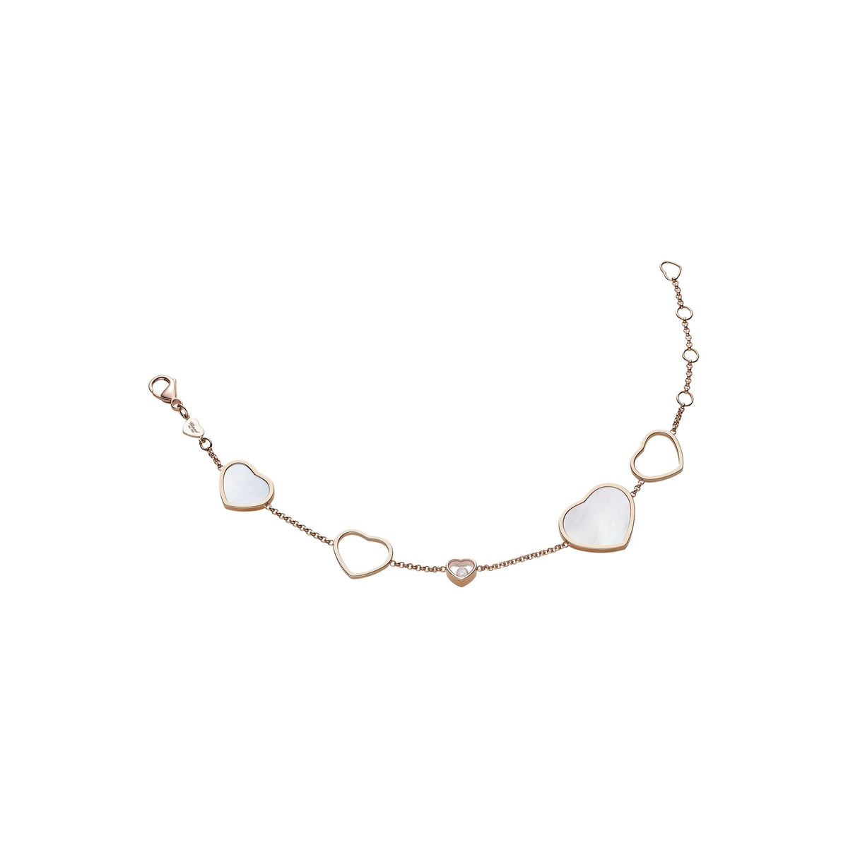 Chopard Happy Hearts bracelet in 18k ethical rose gold with moving diamonds and mother of pearl view 2