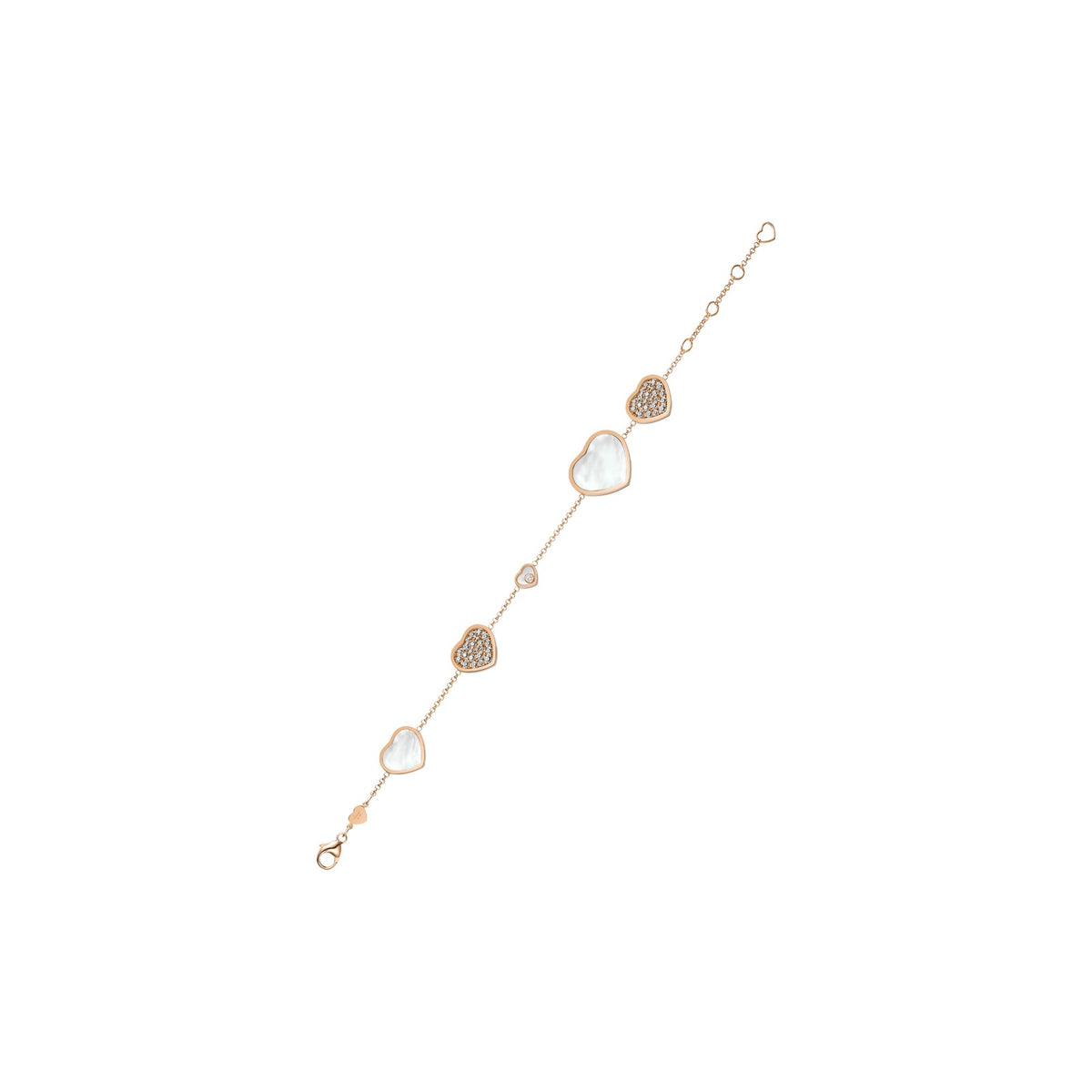 Chopard Happy Hearts bracelet in 18k ethical rose gold with moving diamonds and mother of pearl view 2