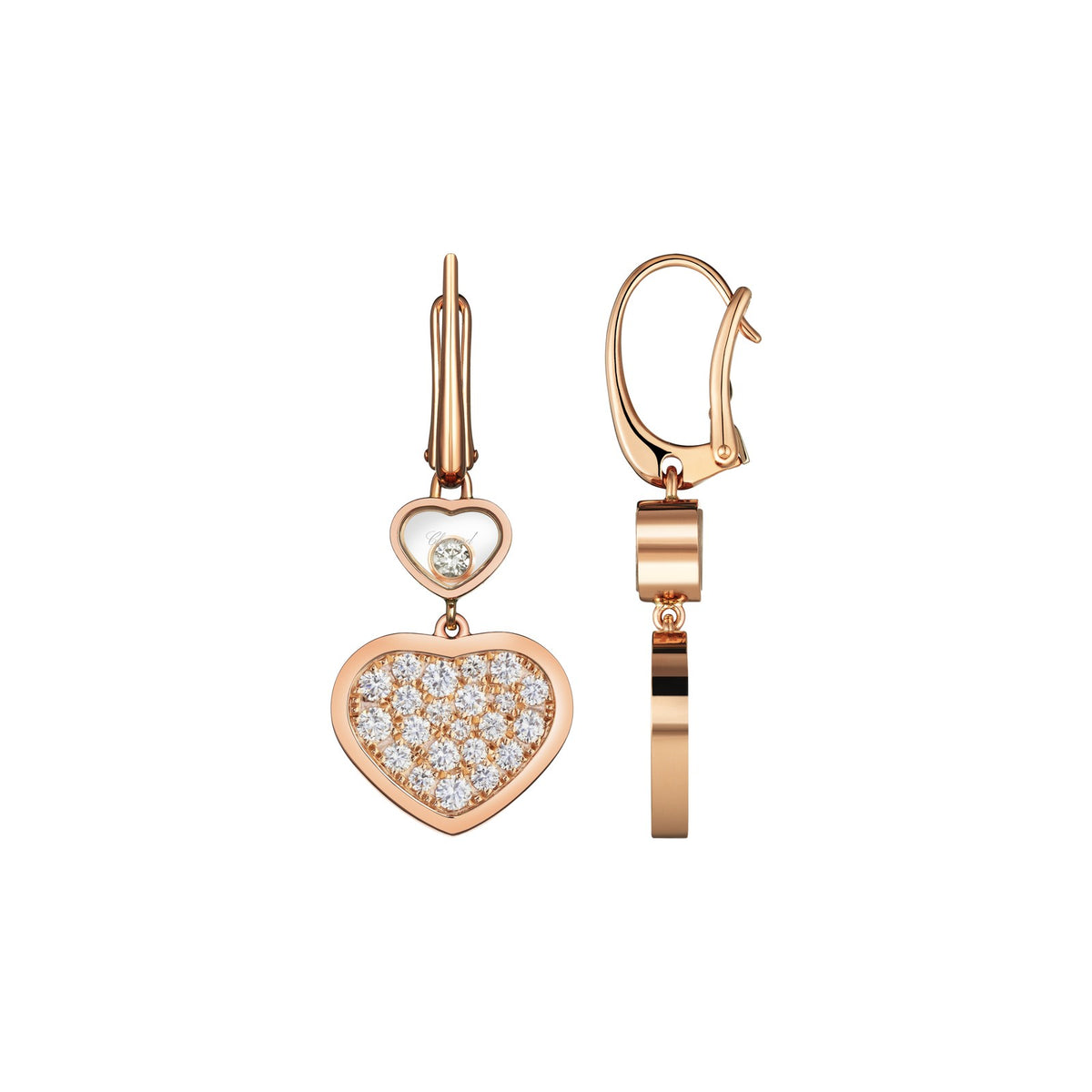 Chopard Happy Hearts earrings in 18k ethical rose gold with moving diamonds view 2