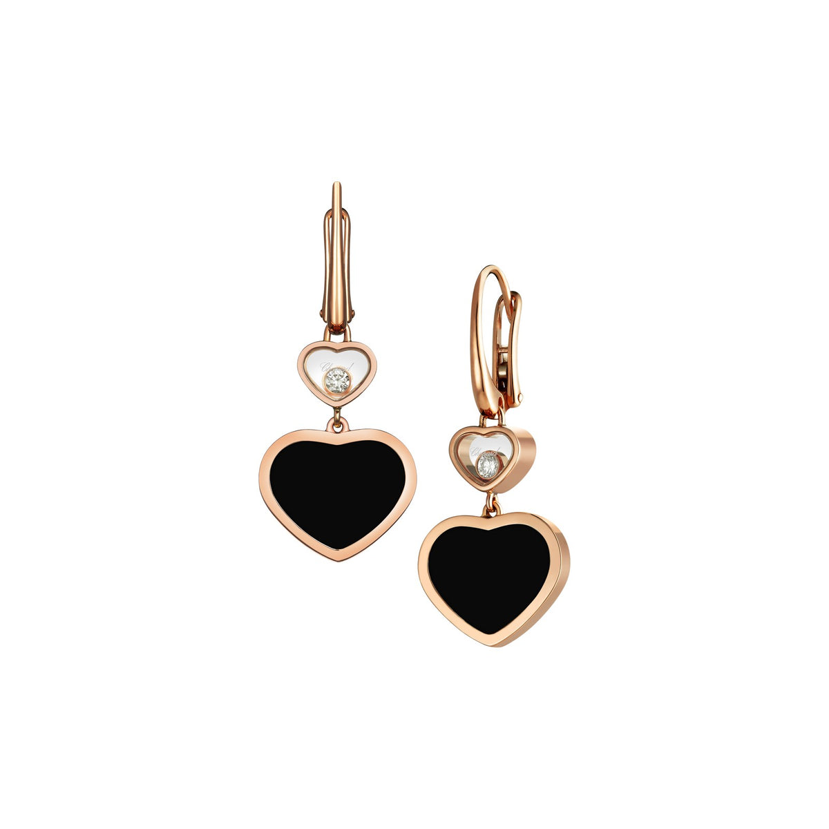 Chopard Happy Hearts earrings in 18k ethical rose gold with moving diamonds and onyx