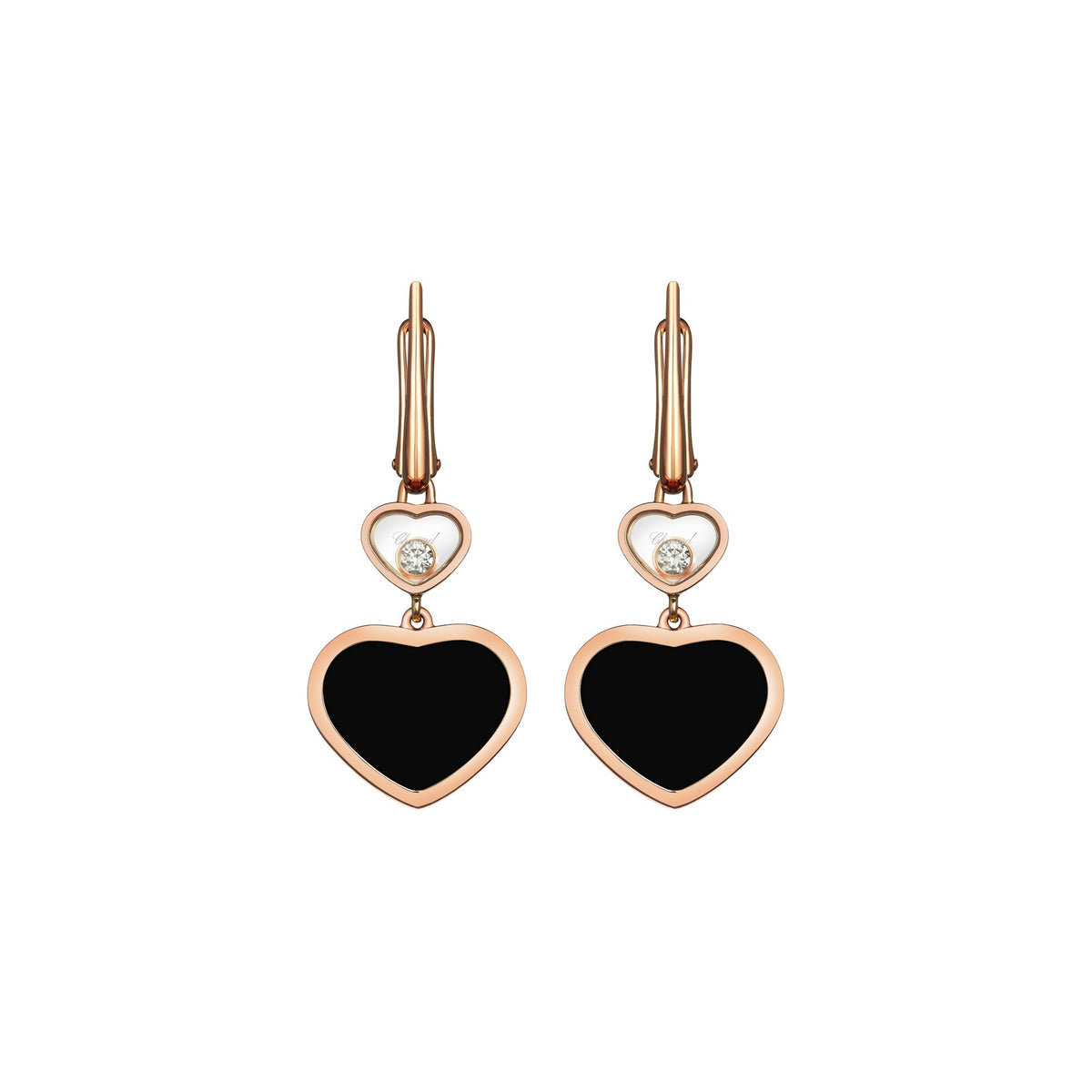 Chopard Happy Hearts earrings in 18k ethical rose gold with moving diamonds and onyx view 3