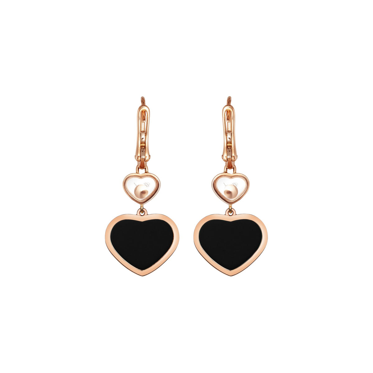 Chopard Happy Hearts earrings in 18k ethical rose gold with moving diamonds and onyx view 4