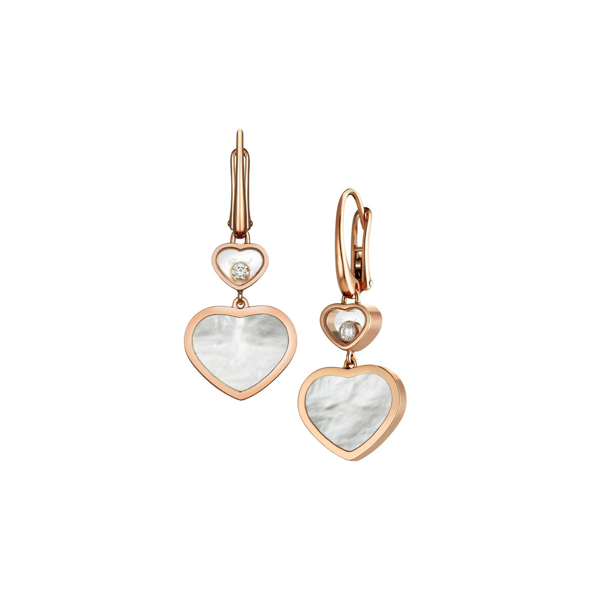 Chopard Happy Hearts earrings in 18k ethical rose gold with moving diamonds and mother of pearl