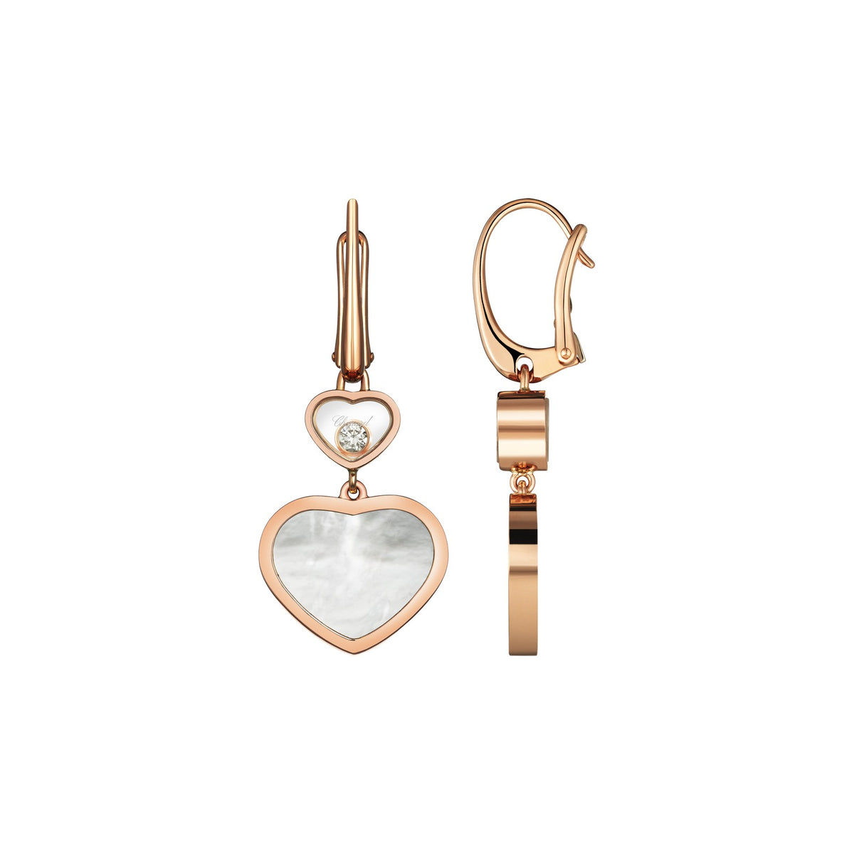 Chopard Happy Hearts earrings in 18k ethical rose gold with moving diamonds and mother of pearl view 2