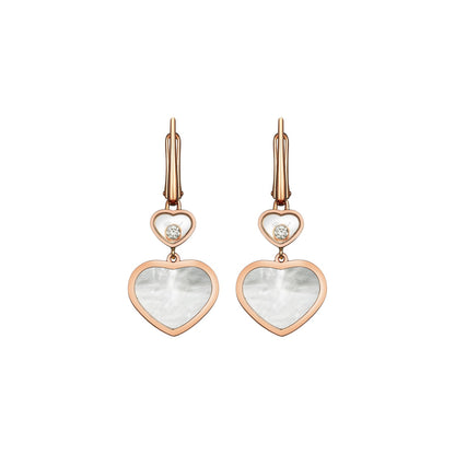 Chopard Happy Hearts earrings in 18k ethical rose gold with moving diamonds and mother of pearl view 3