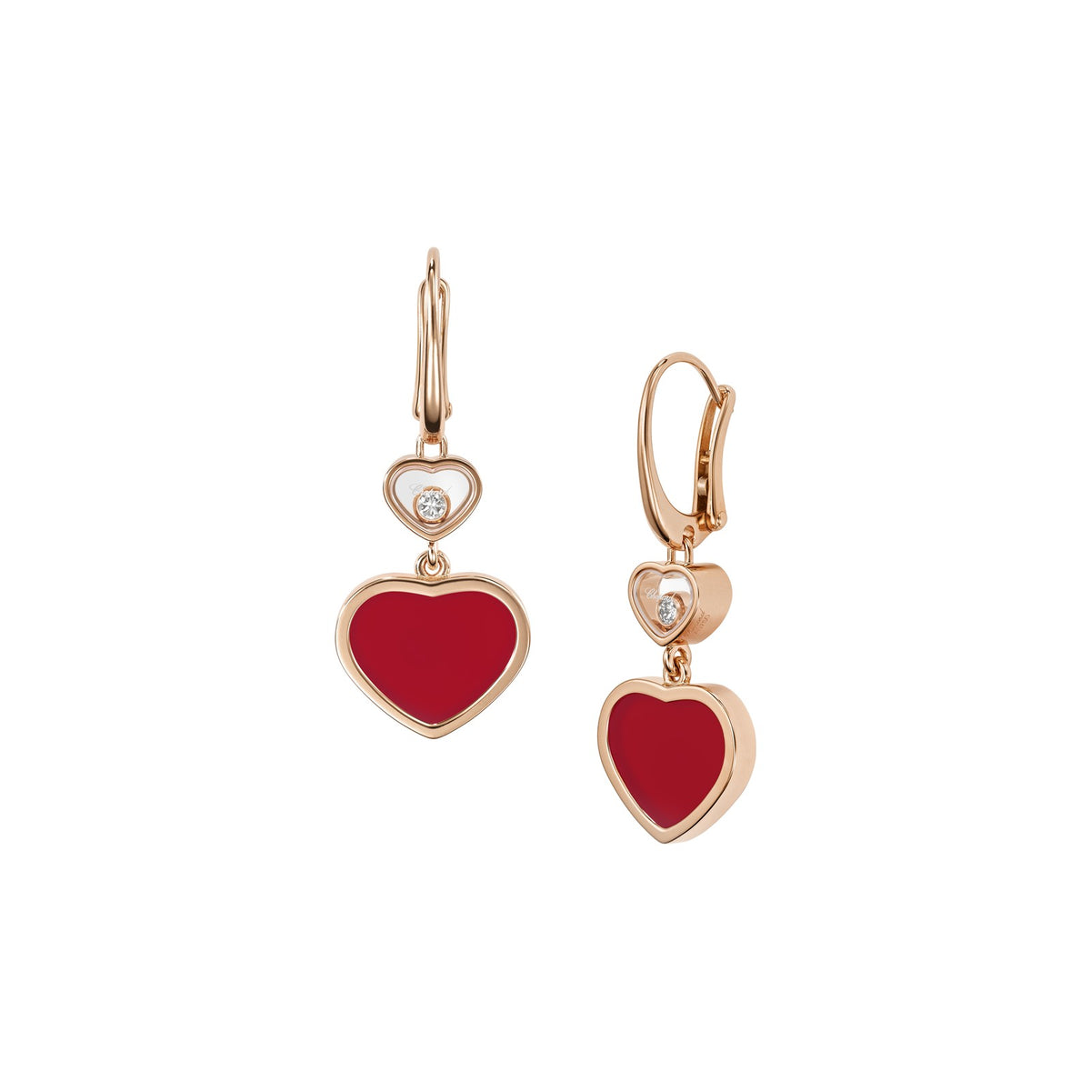Chopard Happy Hearts earrings in 18k ethical rose gold with moving diamonds and carnelian