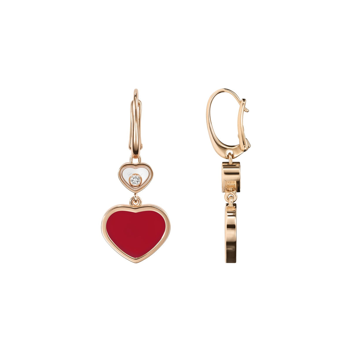 Chopard Happy Hearts earrings in 18k ethical rose gold with moving diamonds and carnelian view 2
