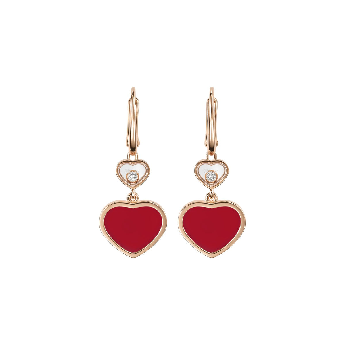 Chopard Happy Hearts earrings in 18k ethical rose gold with moving diamonds and carnelian view 3