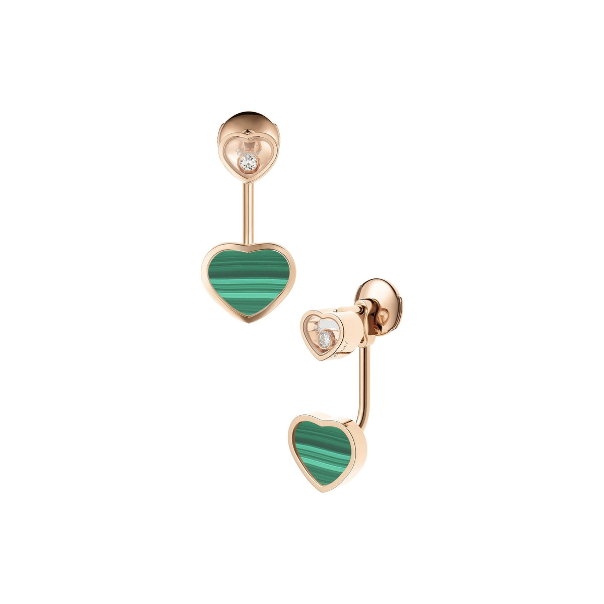 Chopard Happy Hearts earrings in 18k ethical rose gold with moving diamonds and malachite