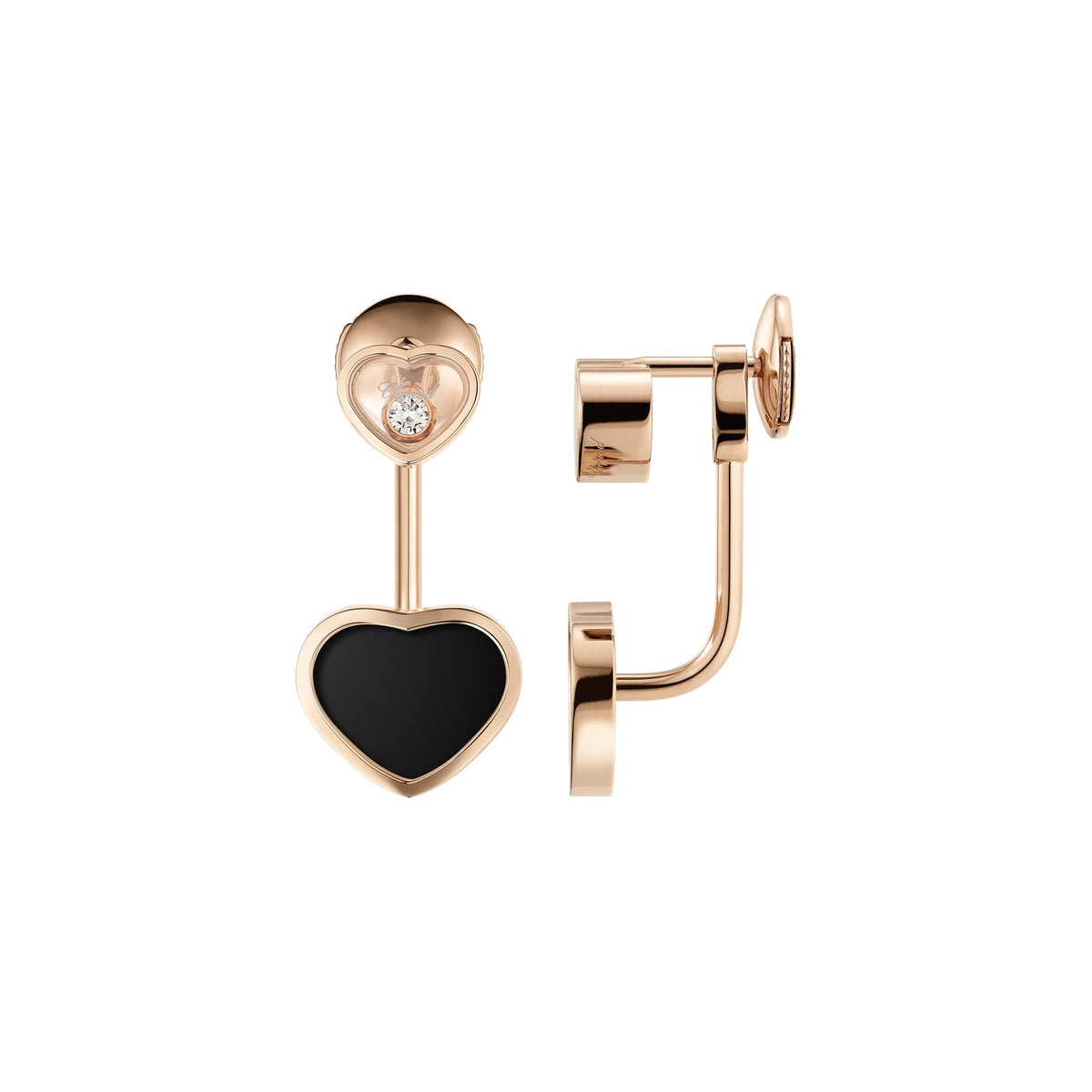 Chopard Happy Hearts earrings in 18k ethical rose gold with moving diamonds and onyx view 2
