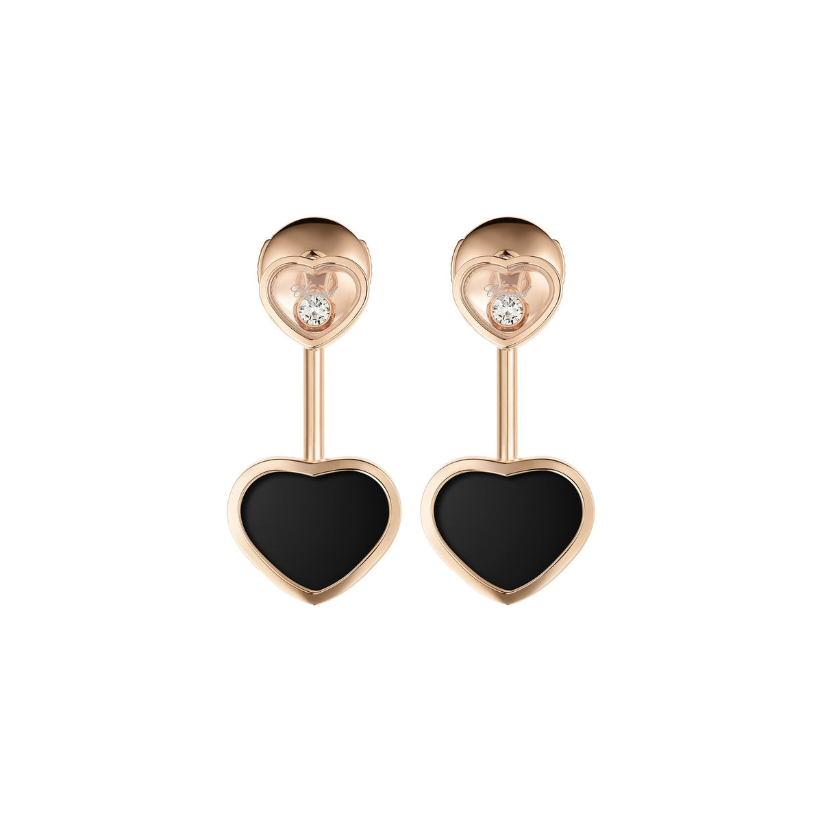 Chopard Happy Hearts earrings in 18k ethical rose gold with moving diamonds and onyx view 3