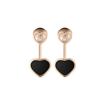 Chopard Happy Hearts earrings in 18k ethical rose gold with moving diamonds and onyx view 3