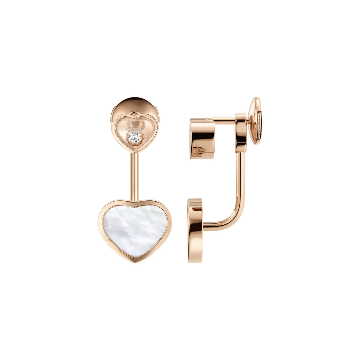 Chopard Happy Hearts earrings in 18k ethical rose gold with moving diamonds and mother of pearl view 2