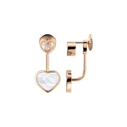 Chopard Happy Hearts earrings in 18k ethical rose gold with moving diamonds and mother of pearl view 2