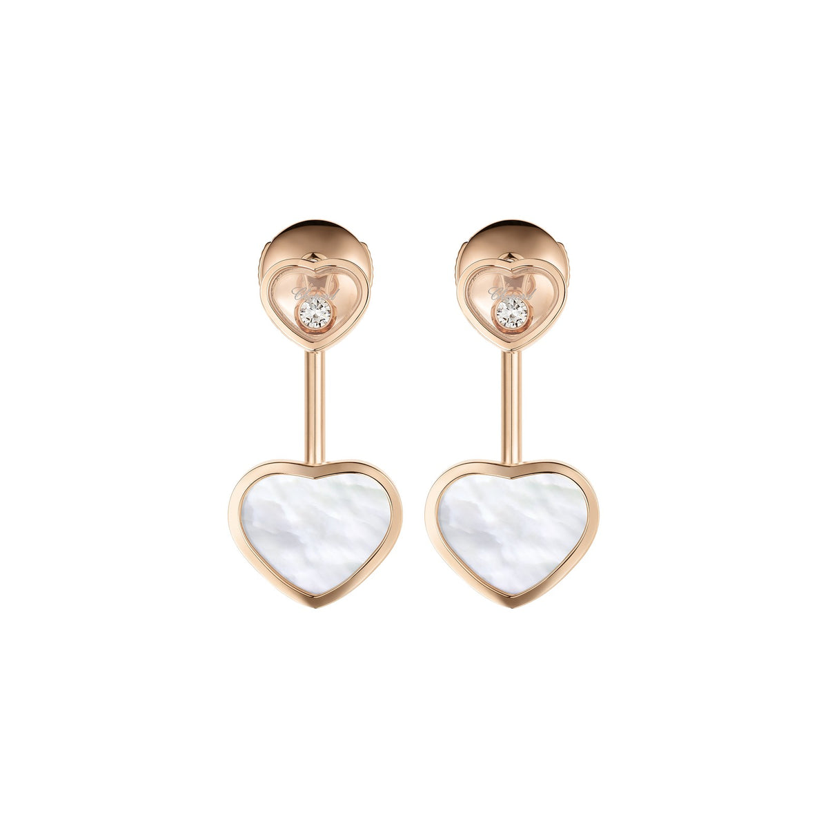 Chopard Happy Hearts earrings in 18k ethical rose gold with moving diamonds and mother of pearl view 3