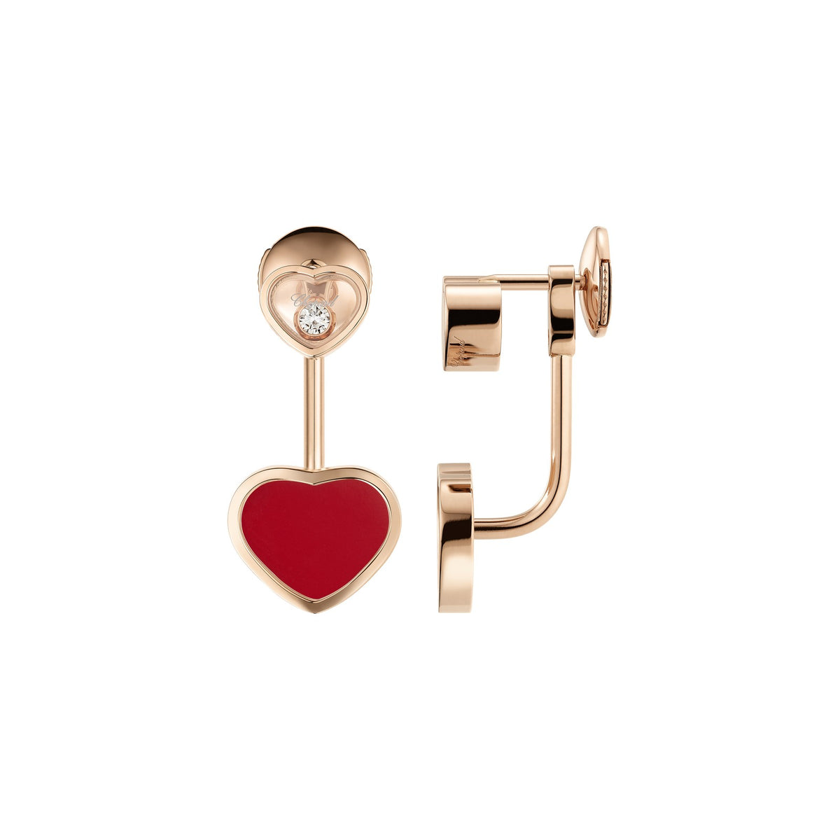 Chopard Happy Hearts earrings in 18k ethical rose gold with moving diamonds view 2