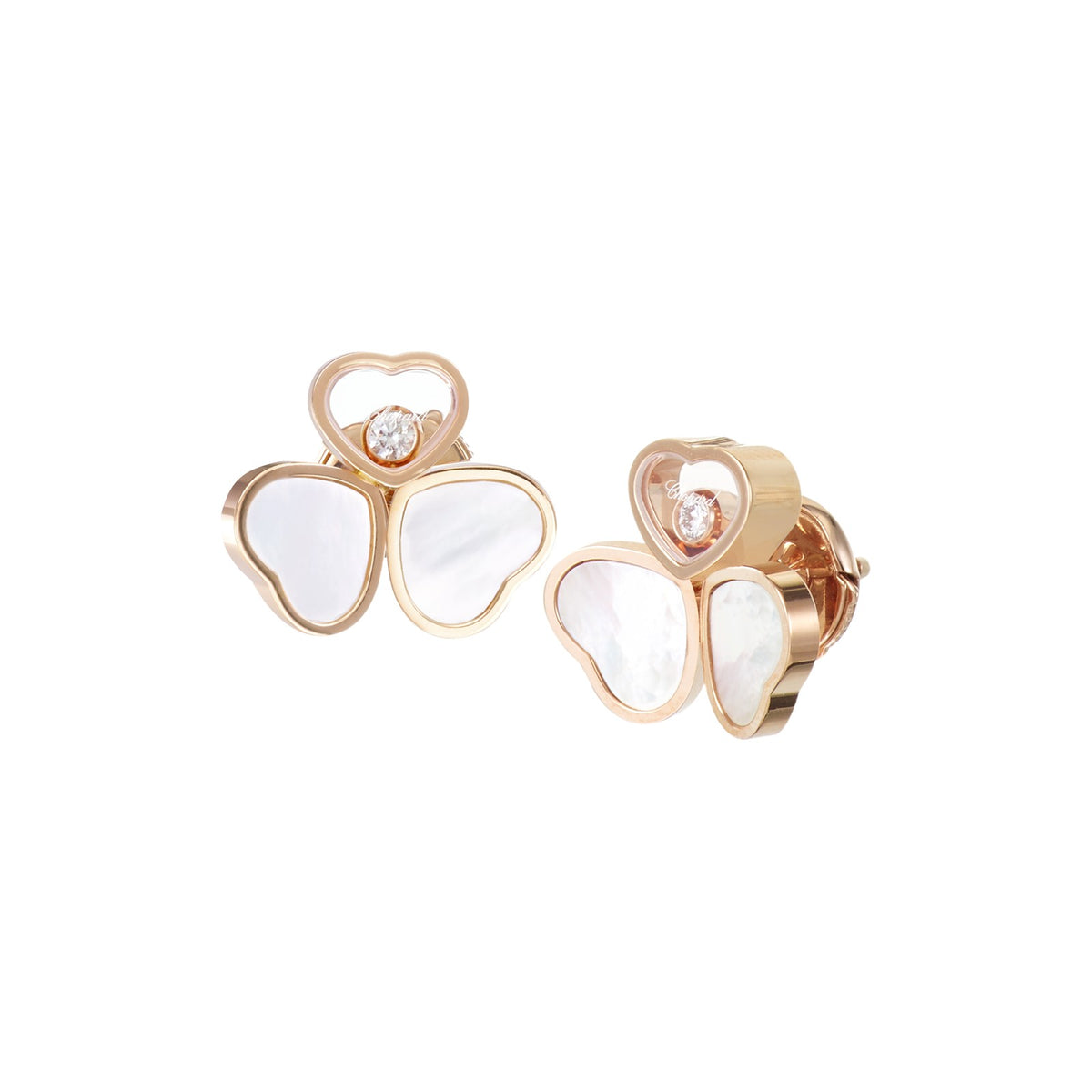 Chopard Happy Hearts earrings in 18k ethical rose gold with moving diamonds and mother of pearl