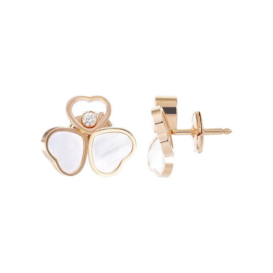 Chopard Happy Hearts earrings in 18k ethical rose gold with moving diamonds and mother of pearl view 2