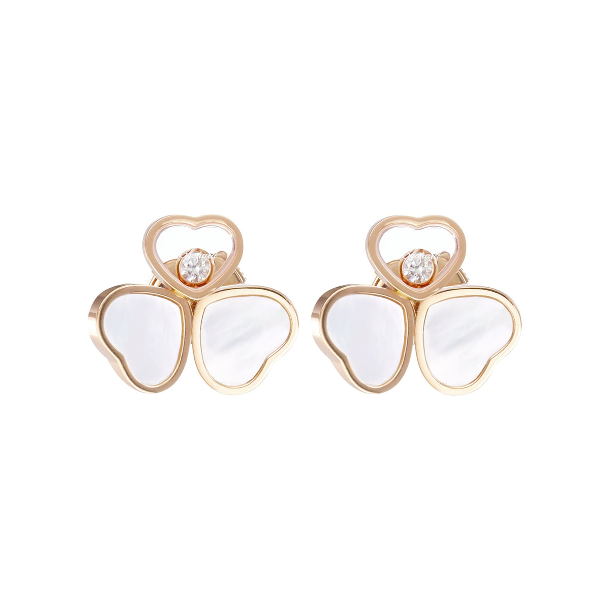 Chopard Happy Hearts earrings in 18k ethical rose gold with moving diamonds and mother of pearl view 3