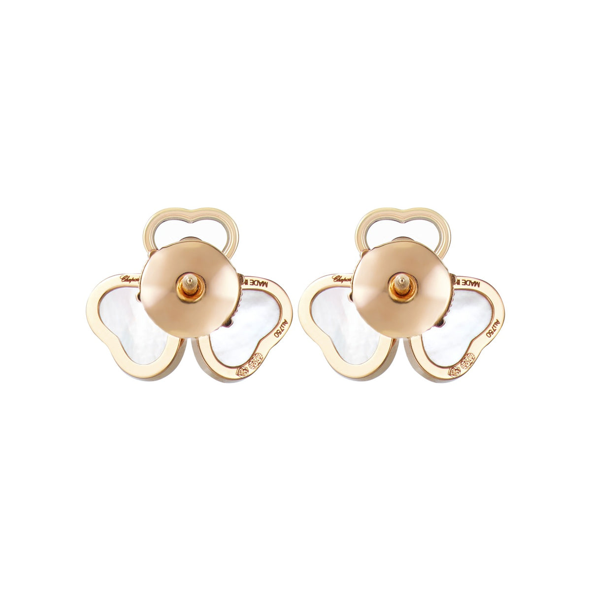 Chopard Happy Hearts earrings in 18k ethical rose gold with moving diamonds and mother of pearl view 4