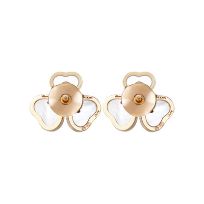 Chopard Happy Hearts earrings in 18k ethical rose gold with moving diamonds and mother of pearl view 4