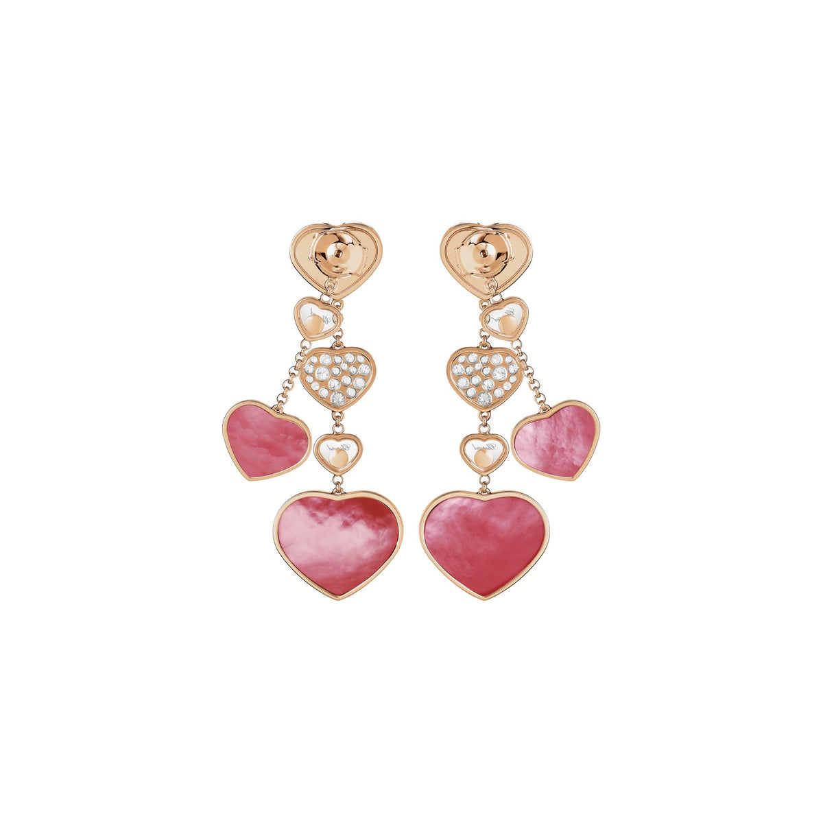 Chopard Happy Hearts earrings in 18k ethical rose gold with diamonds and mother of pearl view 4