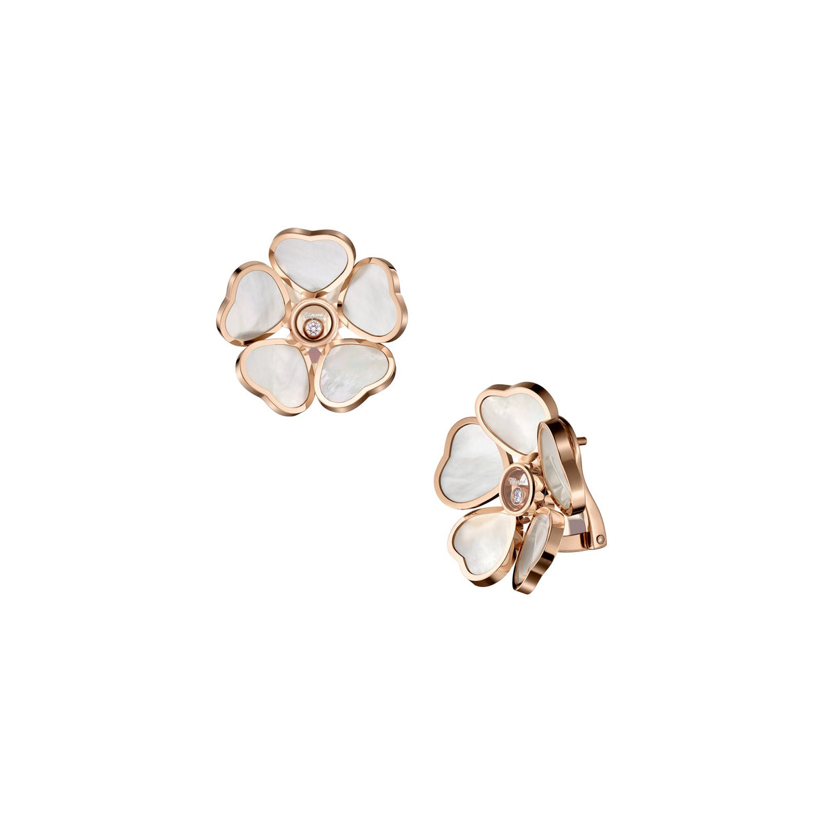 Chopard Happy Hearts earrings in 18k ethical rose gold with moving diamonds and mother of pearl