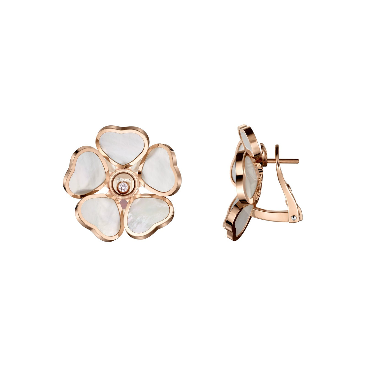 Chopard Happy Hearts earrings in 18k ethical rose gold with moving diamonds and mother of pearl view 2