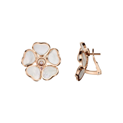 Chopard Happy Hearts earrings in 18k ethical rose gold with moving diamonds and mother of pearl view 2