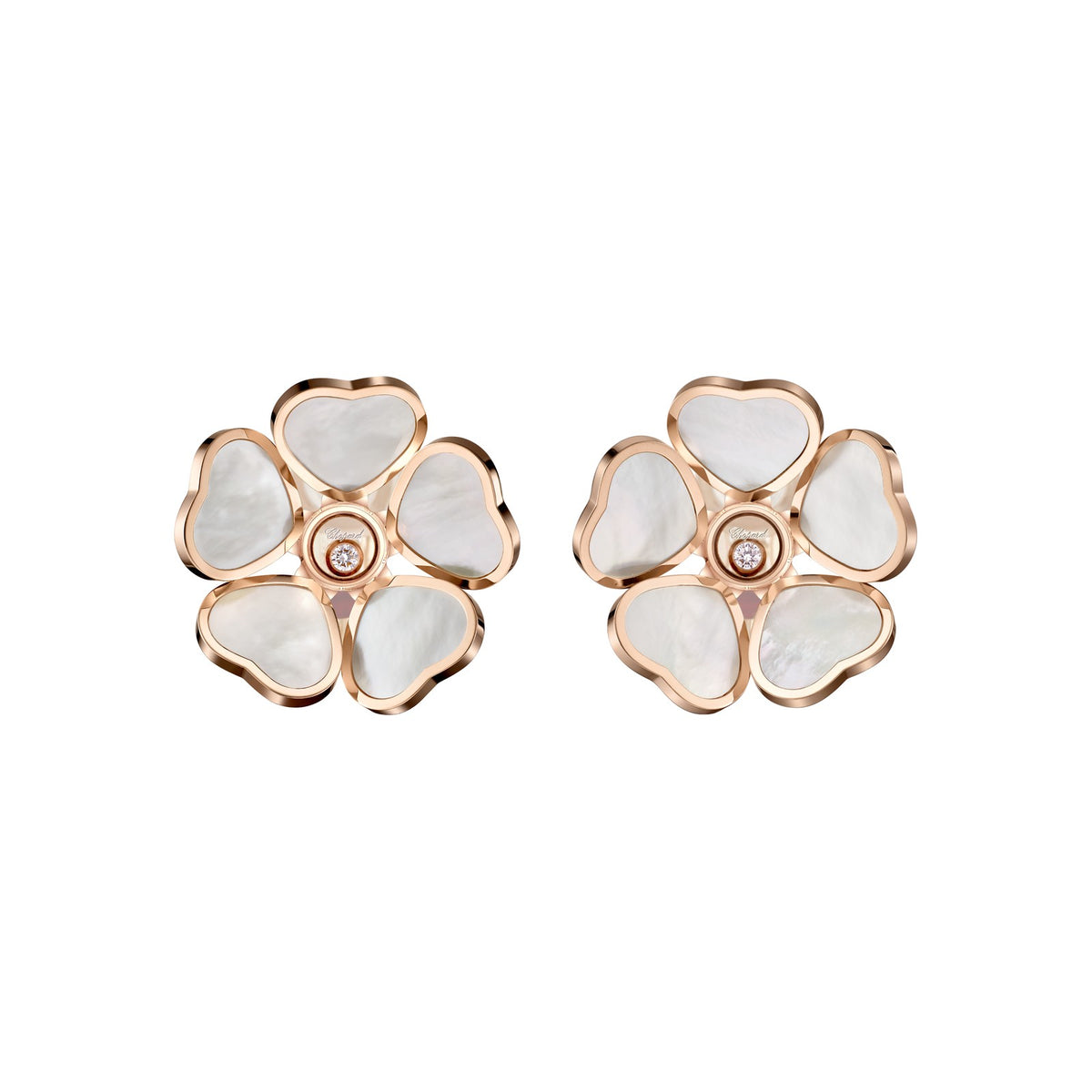 Chopard Happy Hearts earrings in 18k ethical rose gold with moving diamonds and mother of pearl view 3
