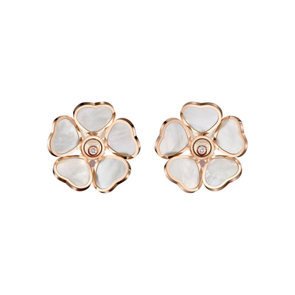 Chopard Happy Hearts earrings in 18k ethical rose gold with moving diamonds and mother of pearl view 3