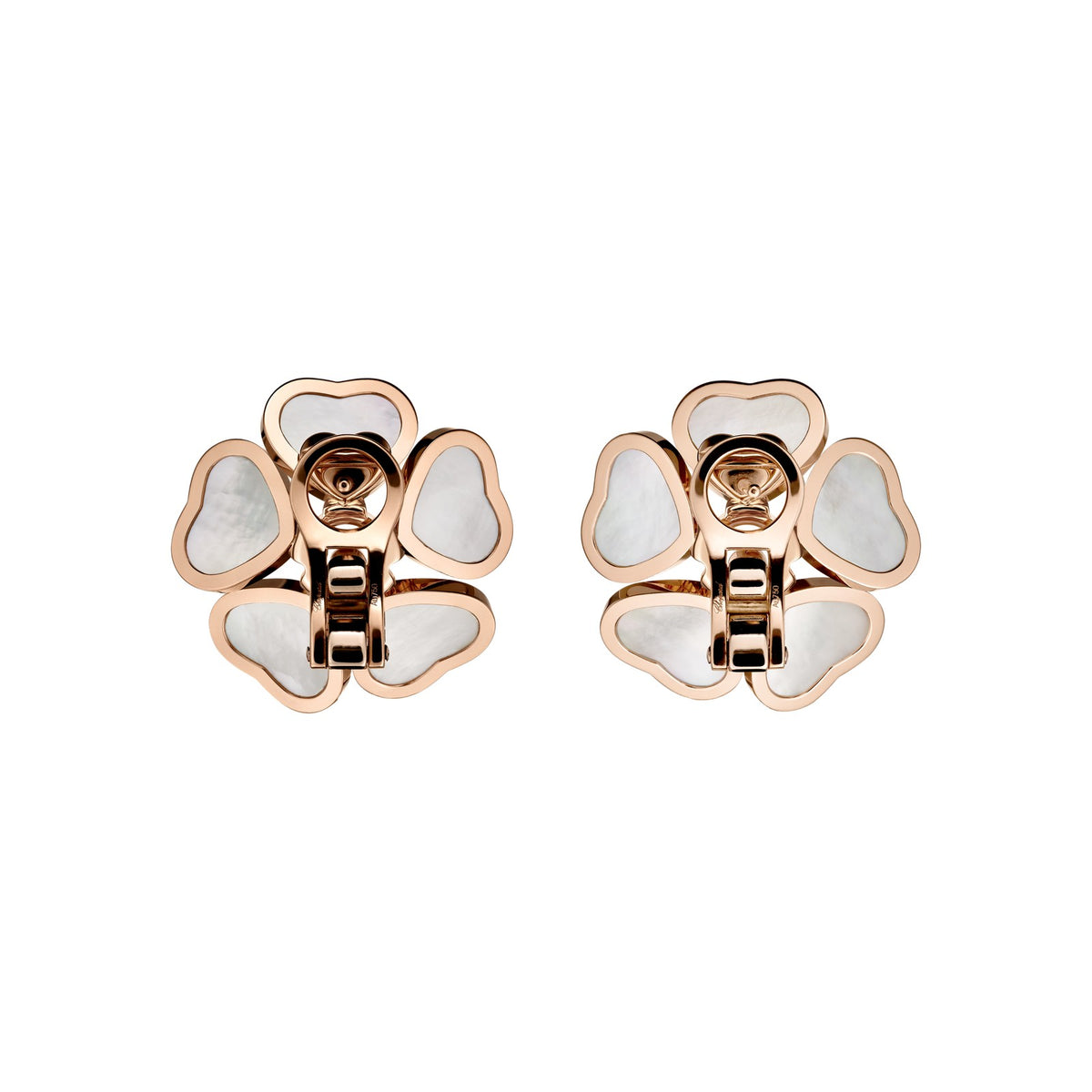 Chopard Happy Hearts earrings in 18k ethical rose gold with moving diamonds and mother of pearl view 4