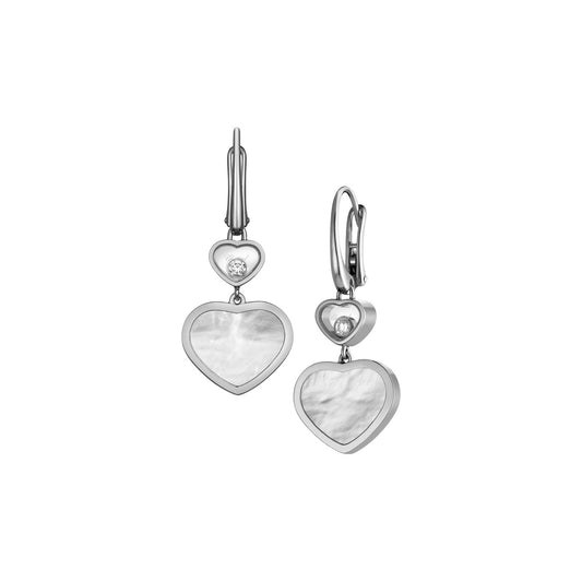 Chopard Happy Hearts earrings in 18k ethical white gold with moving diamonds and mother of pearl