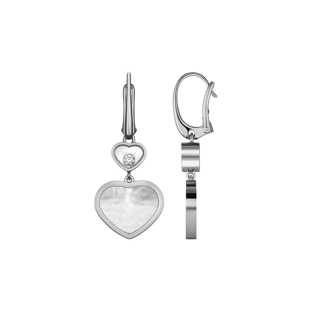 Chopard Happy Hearts earrings in 18k ethical white gold with moving diamonds and mother of pearl view 2