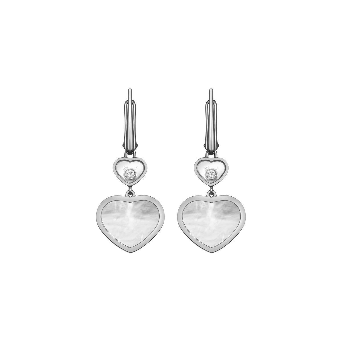 Chopard Happy Hearts earrings in 18k ethical white gold with moving diamonds and mother of pearl view 3